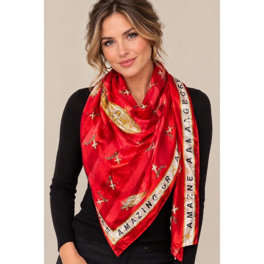 Amazing Grace Religious Cross Red Striped Satin Square Scarf Wrap OS